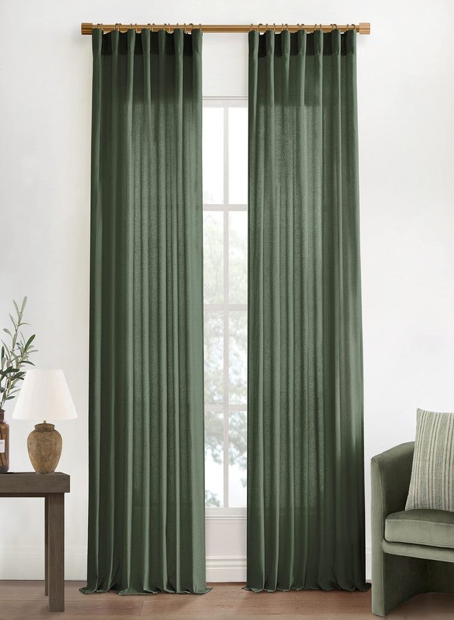 XTMYI 102 Inch Length Olive Green Sheer Linen Curtains 2 Panels Set,Hook Belt Pleated Back Tab Cotton Polyester Blend Light Filtering Semi Sheer Curtain Drapes for Living Room Bedroom,50x102 in Long - Image 1